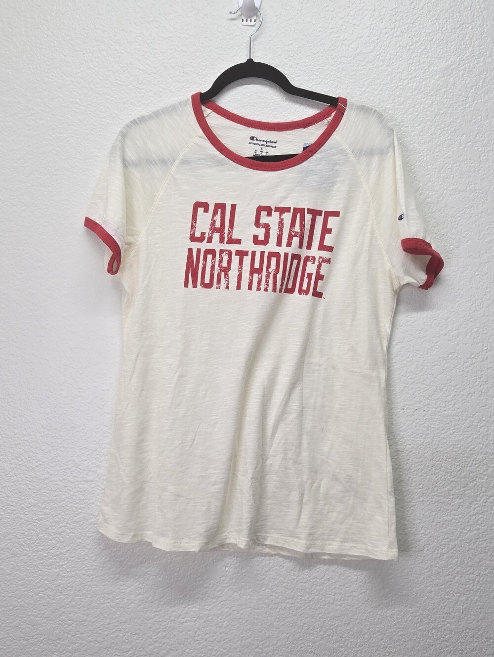 Champion Cal State Northridge CSUN Ringer T-Shirt White Red Graphic Womens L